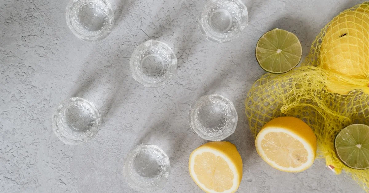 Des citrons frais et des verres à shot disposés sur une surface texturée, idéaux pour des thèmes de boissons ou culinaires.