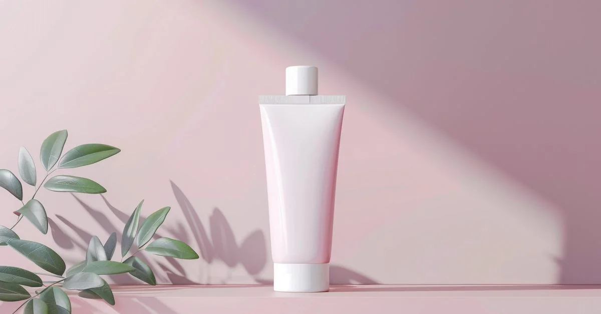 Tube de soin élégant sur fond pastel avec ombre de feuilles, idéal pour le contenu beauté et bien-être.