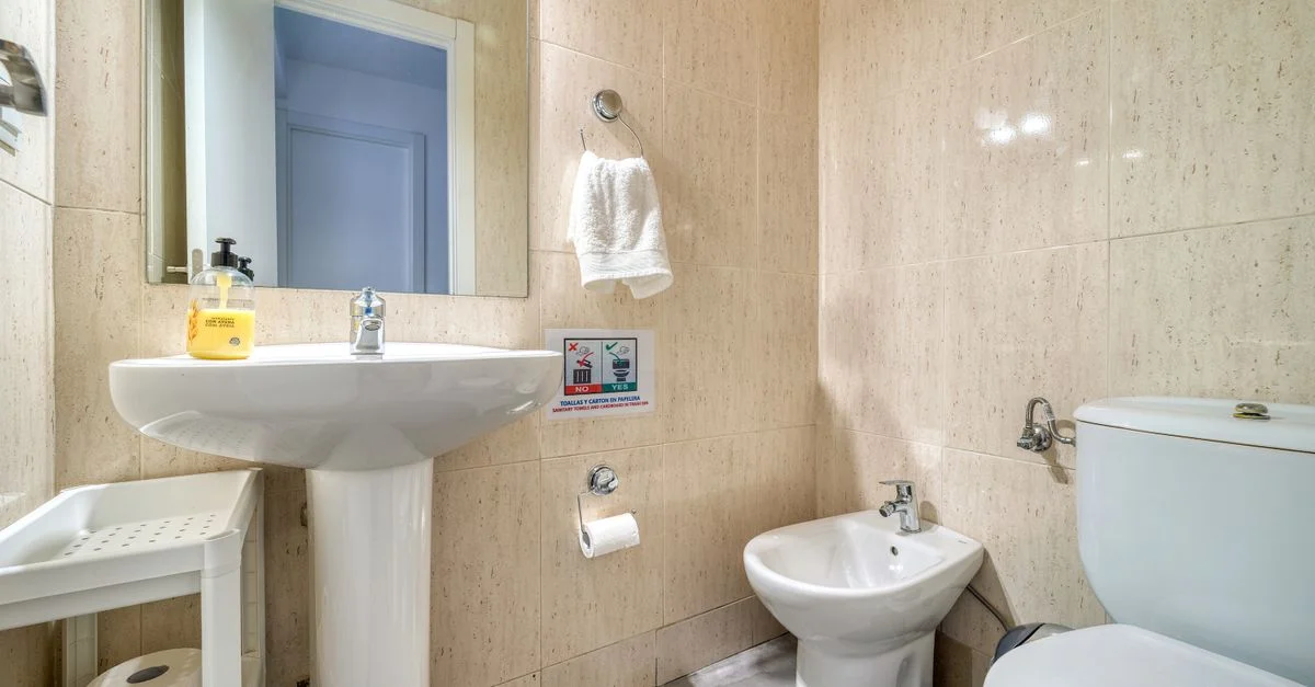 Intérieur de salle de bains élégant avec un lavabo sur pied, un bidet et des carreaux neutres.