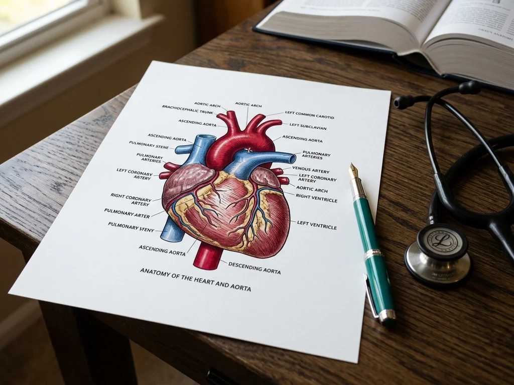 Illustration anatomique détaillée de l'aorte sur une fiche médicale posée sur un bureau de consultation.