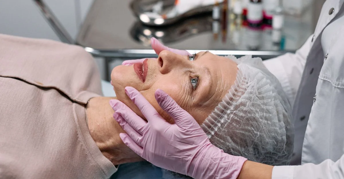 Professionnel de santé examinant le visage d'une femme âgée dans un cadre clinique.