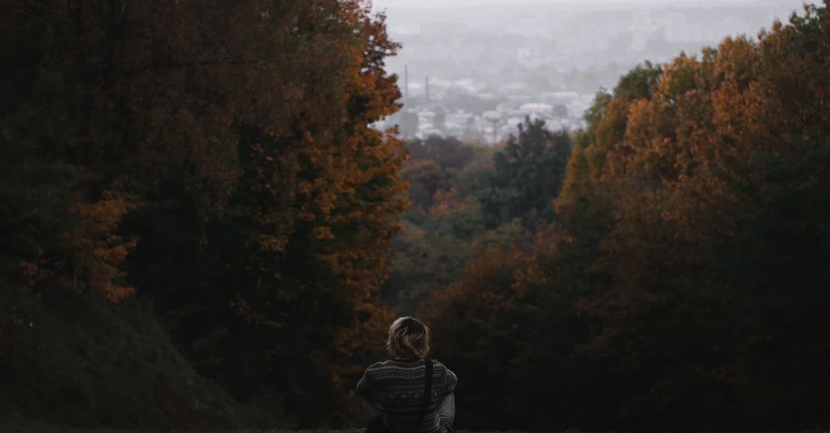 Une femme savoure un moment de tranquillité dans un paysage automnal pittoresque surplombant une ville au crépuscule.