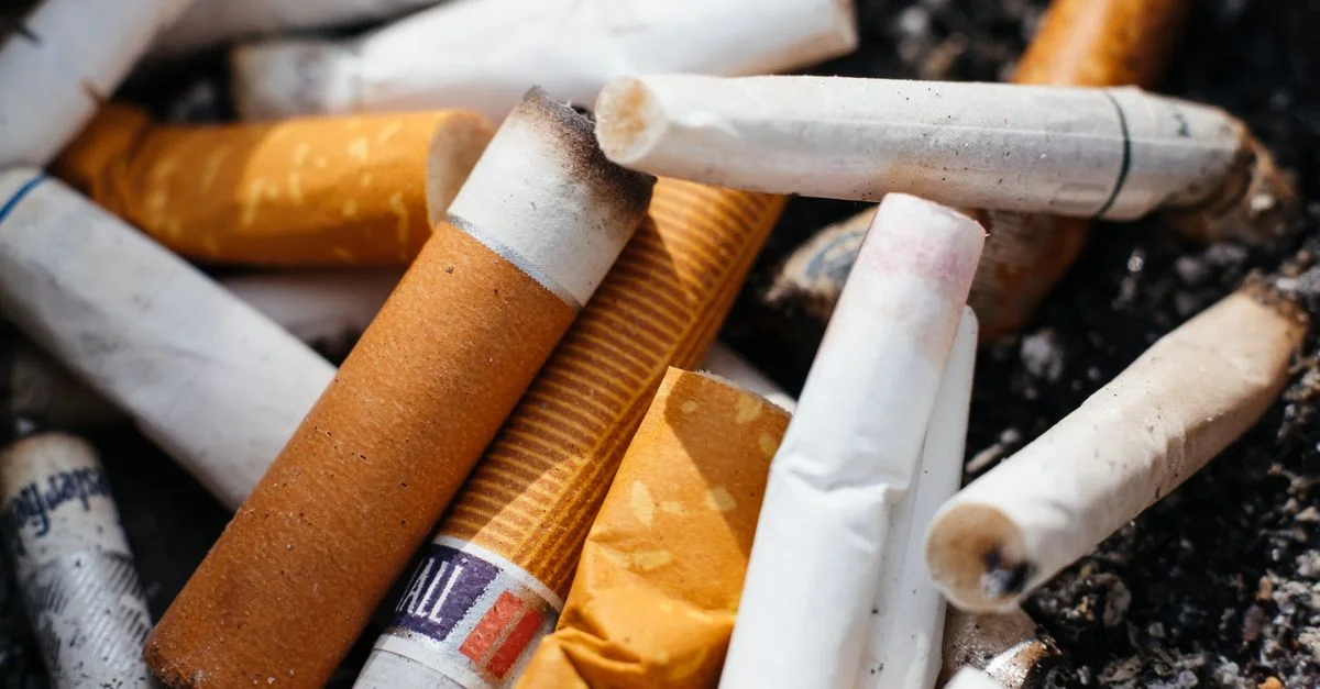 Les filtres de cigarette dans un cendrier soulignent l'impact environnemental du tabagisme.