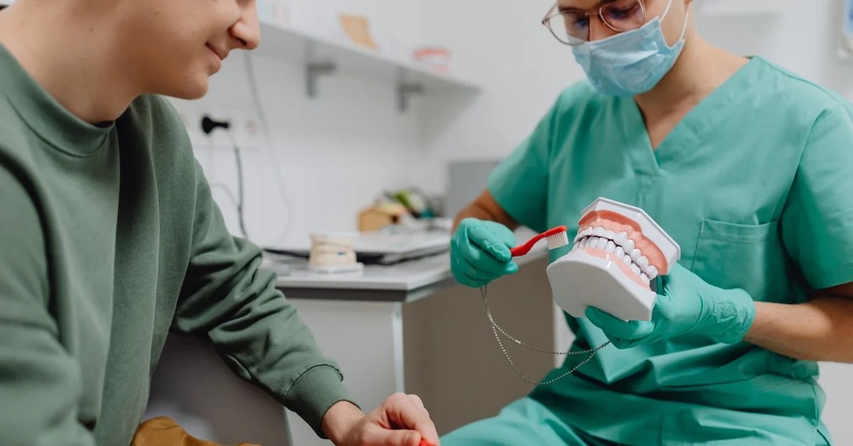 Un dentiste montre une bonne hygiène dentaire à un patient en utilisant un modèle.