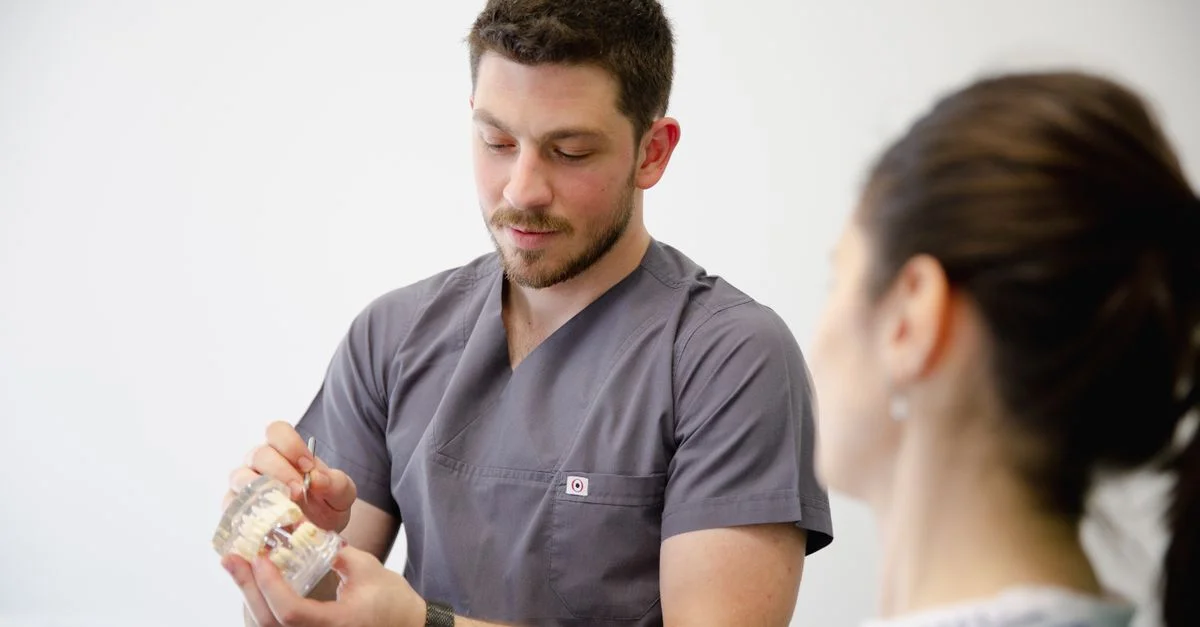 Dentiste présentant un modèle dentaire à un patient lors d'une consultation.