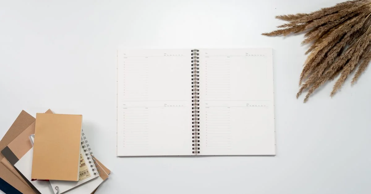 Cahier ouvert avec des pages de planificateur, entouré de carnets et de roseaux de la pampas sur un fond blanc.
