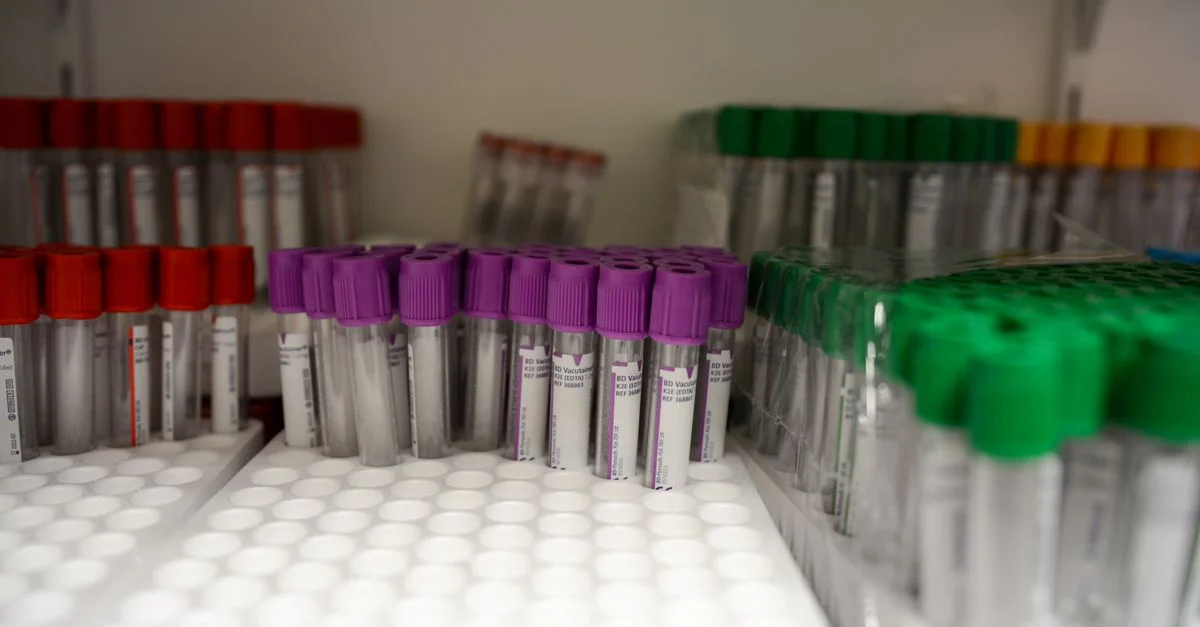 Gros plan sur des tubes de prélèvement sanguin étiquetés dans un laboratoire, avec des bouchons rouges, violets et verts.