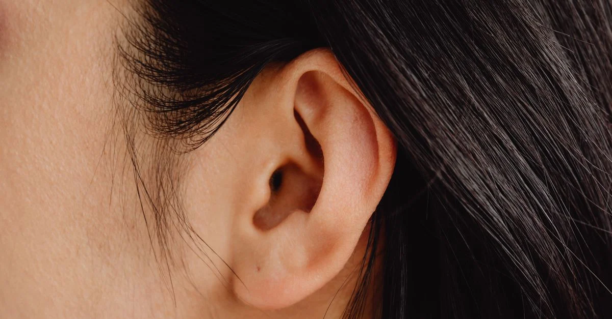 Photo en gros plan détaillée montrant une oreille humaine avec des cheveux noirs.
