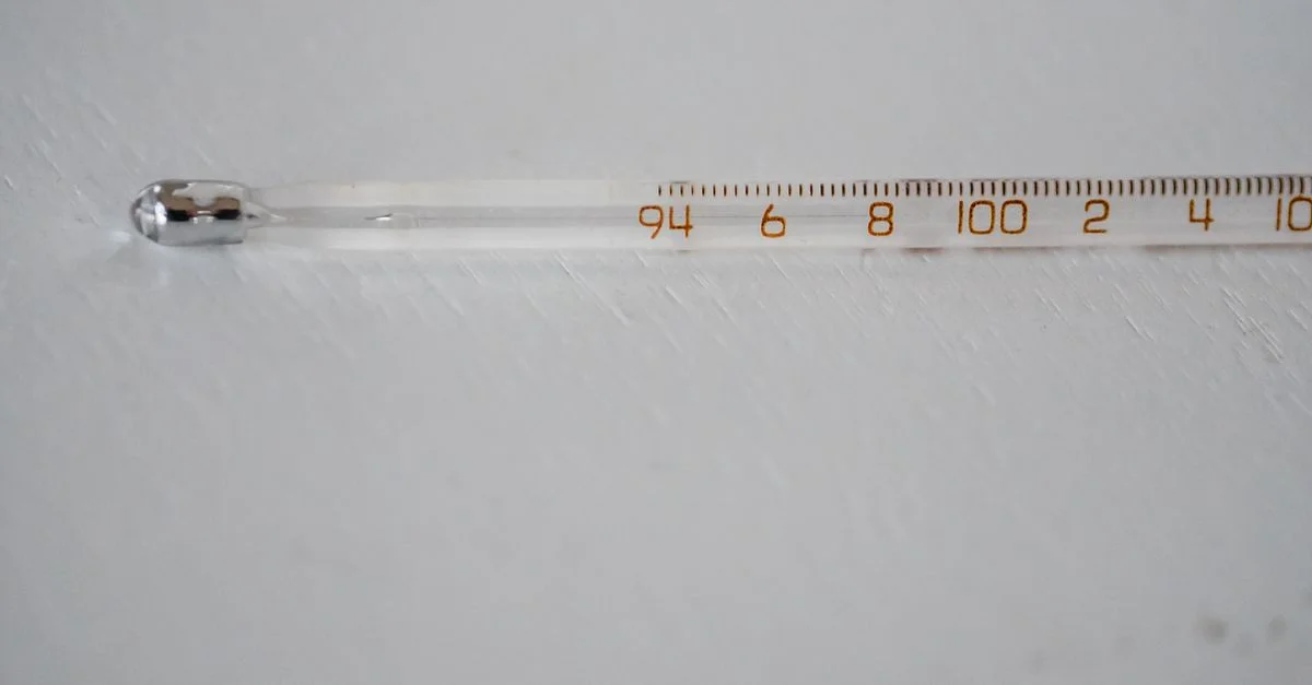 Image détaillée d'un thermomètre en verre affichant la température en degrés.