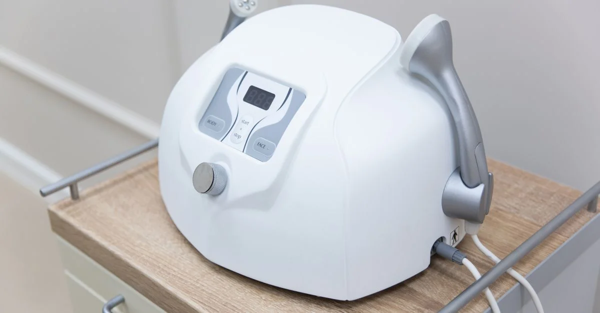 Gros plan sur un appareil de massage du visage médical moderne sur un cabinet stérile, essentiel pour les environnements de soins de santé.